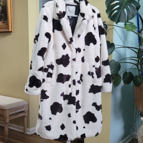AMBER SKY Cow-Print Faux Fur Women Coat-Brown/Cream Size XL - Picture 3 of 11